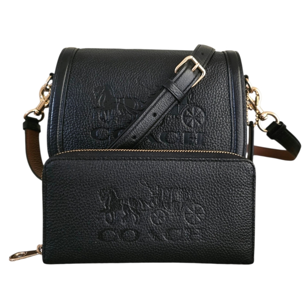 🖤 COACH Black Pebble Leather Saddle Bag & Wallet w/ Horse & Carriage Embossment